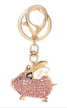 Picture of Keyring bling flying pig pink