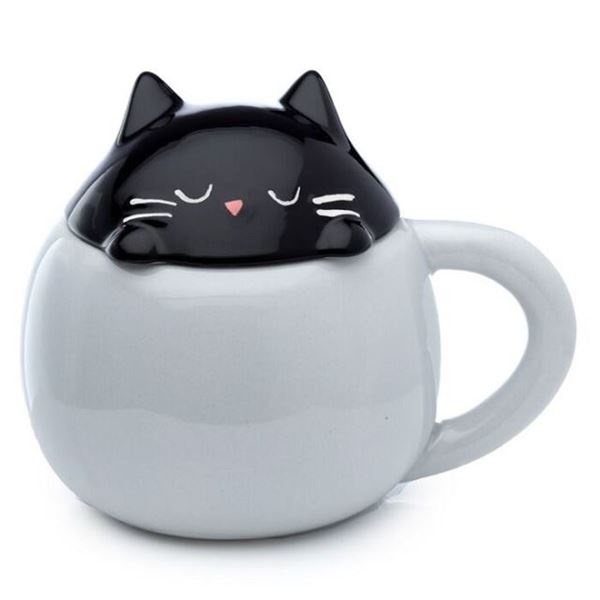 Picture of Black cat peeping lid mug